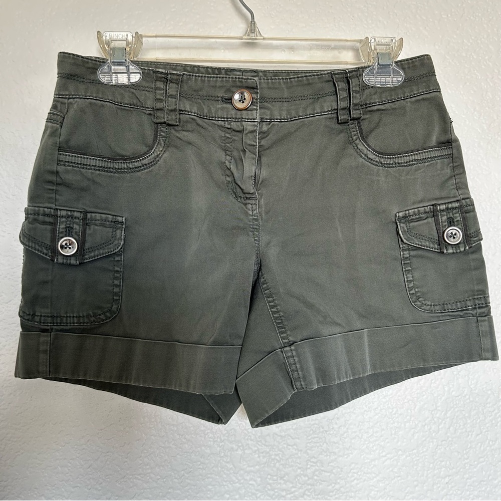 White House Black Market Olive Green Cargo Shorts with Cuffed Hem and Buttons.